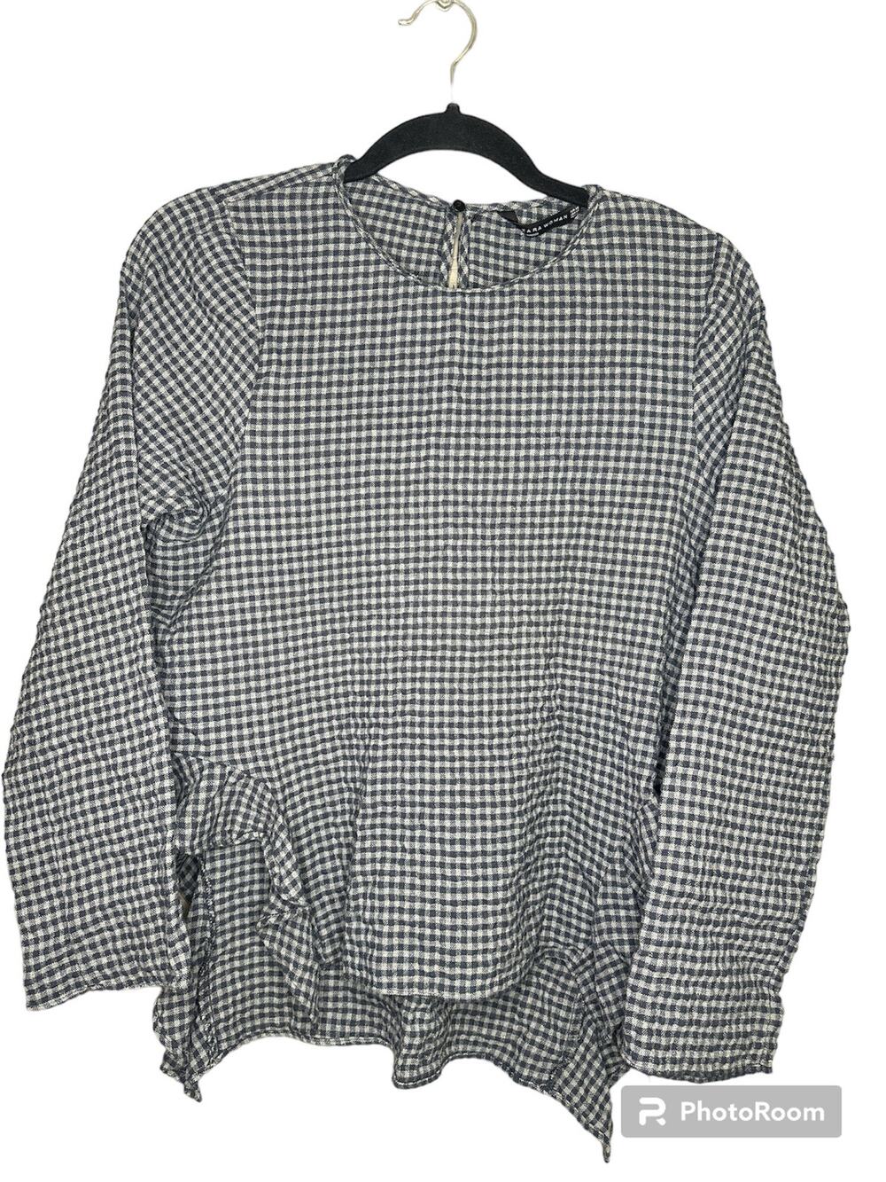 Zara Gingham Long Sleeve Grey Black Gingham Print Ruffle Hi Lo Blouse Size XS